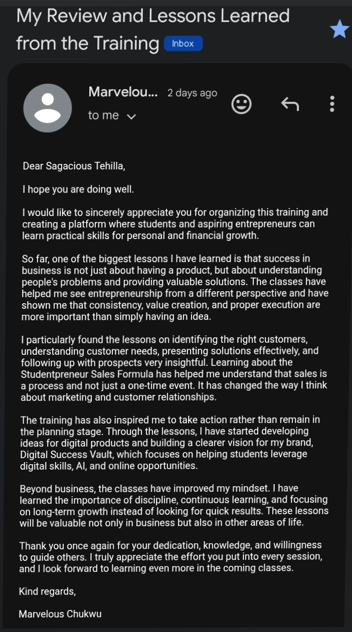 Testimonial from Marvelous Chukwu