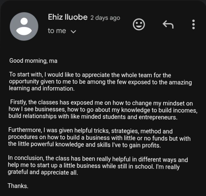 Testimonial from Ehiz Iluobe