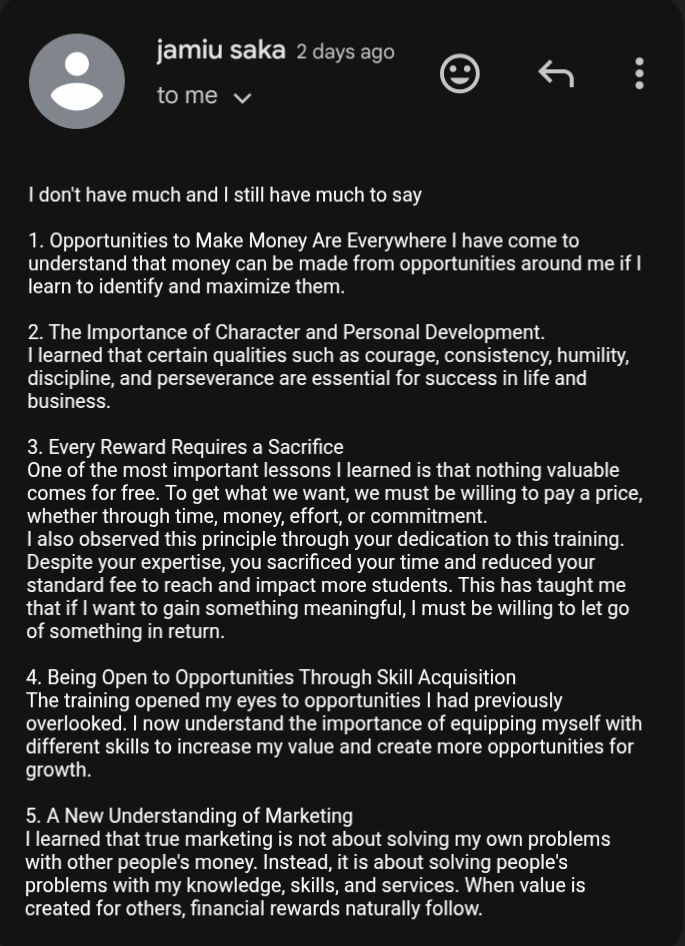 Testimonial from Jamiu Saka (part 2)